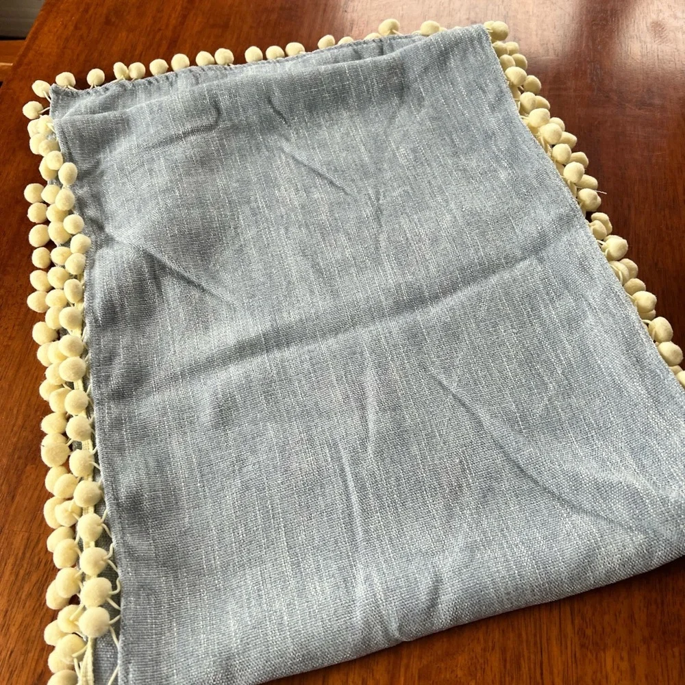 Light Blue Table Runner with Pom Pom Trim​